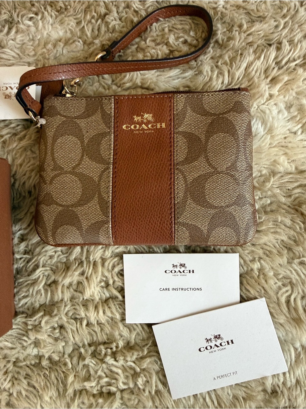 NWT Coach Brown Signature Canvas Wristlet with Tan Leather Trim in Original Box